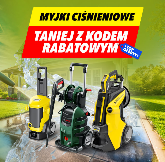 Reklama myjek ciśnieniowych z hasłem: Myjki ciśnieniowe taniej z kodem rabatowym. W tle znajduje się dom z ogrodem, a na pierwszym planie przedstawione są trzy różne modele myjek ciśnieniowych, z widocznymi logo producentów.