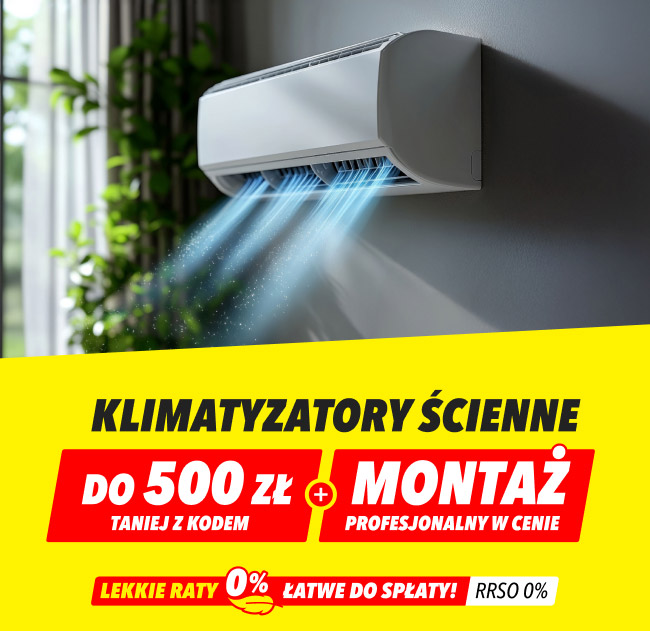 Klimatyzator ścienny, z którego wydobywa się strumień chłodnego powietrza. Na żółtym tle umieszczono tekst: KLIMATYZATORY ŚCIENNE DO 500 ZŁ TANIEJ Z KODEM + MONTAŻ PROFESJONALNY W CENIE, a poniżej: LEKKIE RATY 0% ŁATWE DO SPŁATY! RRSO 0%.