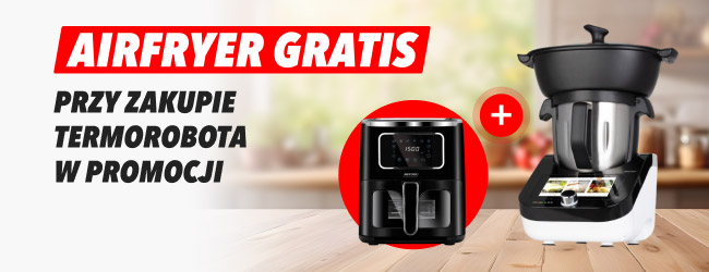 AIRFRYER GRATIS PRZY ZAKUPIE TERMOROBOTA W PROMOCJI. Obok tekstu widoczne są dwa urządzenia kuchenne, z których jedno to frytkownica beztłuszczowa, a drugie to termorobot, oddzielone symbolem plusa.