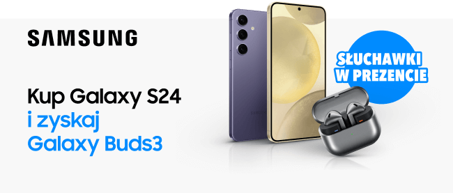 Logo Samsung oraz tekst promocyjny: Kup Galaxy S24 i zyskaj Galaxy Buds3. Obok znajduje się niebieskie kółko z napisem Słuchawki w prezencie oraz zdjęcie telefonu i etui z bezprzewodowymi słuchawkami.