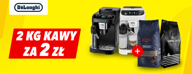 Na żółtym tle znajduje się logo DeLonghi oraz dwa ekspresy do kawy, jeden czarny, drugi biały, obok dwóch opakowań kawy. Na czerwonym tle widnieje napis 2 KG KAWY ZA 2 ZŁ.