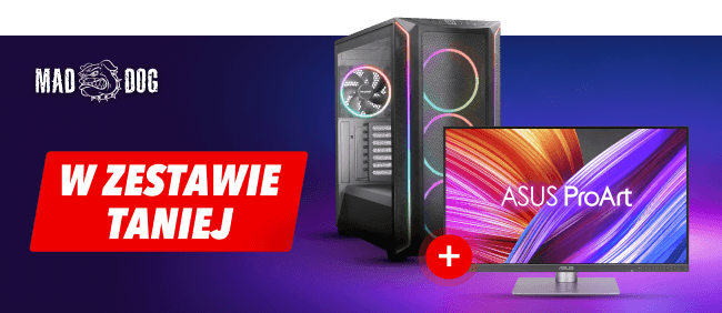 Na obrazie znajduje się komputer stacjonarny z podświetleniem RGB oraz monitor z wyświetlonym kolorowym tłem i napisem ASUS ProArt. Po lewej stronie widnieje logo MAD DOG oraz czerwony prostokąt z białym napisem W ZESTAWIE TANIEJ.