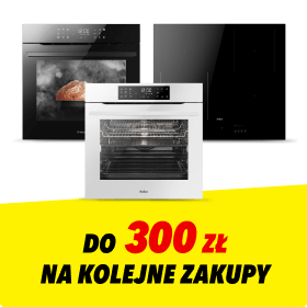 Na obrazie znajdują się trzy urządzenia kuchenne: dwa piekarniki i płyta grzewcza. Na żółtym tle widnieje napis: DO 300 zł NA KOLEJNE ZAKUPY.