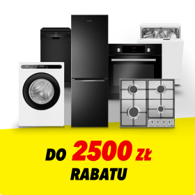 Na obrazie znajduje się zestaw sprzętów AGD, w tym pralka, lodówka, zmywarka, piekarnik i płyta gazowa. Na dole widnieje napis: DO 2500 zł RABATU na żółtym tle.