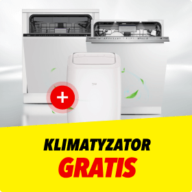 Na obrazie znajdują się trzy urządzenia AGD, w tym dwie zmywarki i klimatyzator, z czerwonym symbolem plusa nałożonym na klimatyzator. Na dole grafiki widnieje żółty pasek z czarnym i czerwonym napisem: KLIMATYZATOR GRATIS.