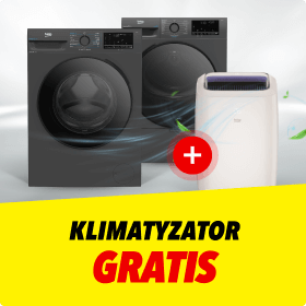 Na zdjęciu znajdują się ciemna pralka i suszarka oraz jasny klimatyzator, obok którego widnieje czerwony symbol plusa. Na żółtym tle umieszczono napis KLIMATYZATOR GRATIS w kolorze czarnym i czerwonym.