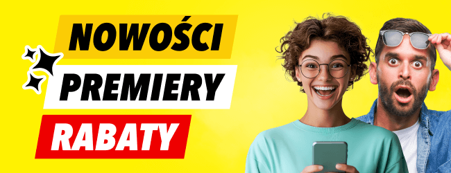 Na żółtym tle znajduje się tekst: 'NOWOŚCI PREMIERY RABATY', z czego 'NOWOŚCI' jest na czarnym tle, 'PREMIERY' na białym, a 'RABATY' na czerwonym. Obok tekstu widoczne są dwie osoby, z których jedna trzyma smartfon.