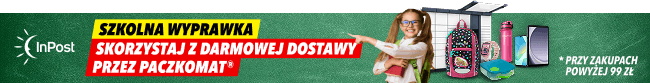 Baner reklamowy z zielonym tłem zawiera logo InPost oraz tekst: Szkolna wyprawka. Skorzystaj z darmowej dostawy przez Paczkomat. Po prawej stronie widoczne są różne przybory szkolne, a w dolnym rogu napis: *Przy zakupach powyżej 99 zł.