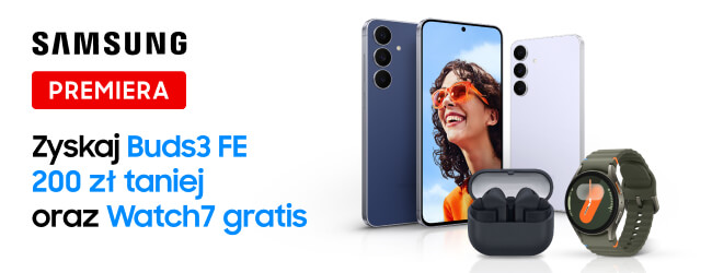 Na obrazie znajduje się logo SAMSUNG oraz czerwony prostokąt z napisem PREMIERA. Tekst informuje: Zyskaj Buds3 FE 200 zł taniej oraz Watch7 gratis, a obok widoczne są dwa smartfony, słuchawki bezprzewodowe i zegarek.
