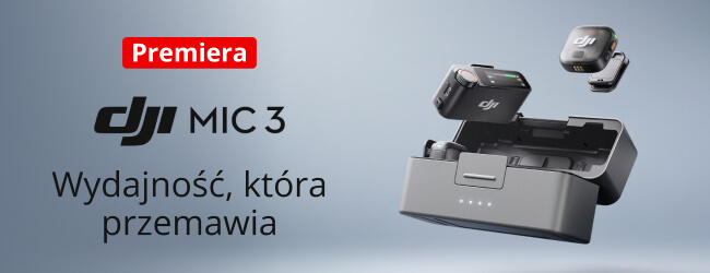 Grafika przedstawia zestaw mikrofonów bezprzewodowych z otwartym etui ładującym, nad którym unoszą się dwa mikrofony. Na obrazie znajduje się tekst: Premiera DJI MIC 3 Wydajność, która przemawia.