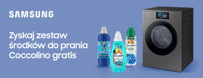Na niebieskim tle znajduje się pralka oraz cztery butelki środków do prania marki Coccolino. Obok widnieje napis: Zyskaj zestaw środków do prania Coccolino gratis, a w górnym rogu znajduje się logo Samsung.