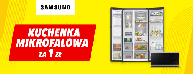 Logo Samsung oraz napis: Kuchenka mikrofalowa za 1 zł. Obok widoczna jest otwarta lodówka z różnymi produktami spożywczymi oraz kuchenka mikrofalowa.
