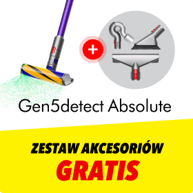 Odkurzacz z kolorową szczotką oraz zestaw akcesoriów w okrągłym polu z symbolem plusa. Poniżej znajduje się napis: Gen5detect Absolute, a poniżej tekst: Zestaw akcesoriów gratis.