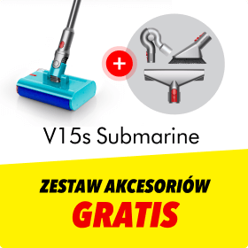 Niebieski odkurzacz z napisem V15s Submarine oraz okrągła grafika przedstawiająca trzy akcesoria z czerwonym symbolem plusa. Na żółtym tle znajduje się tekst: Zestaw akcesoriów gratis.