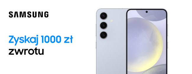 Logo Samsung oraz tekst: Zyskaj 1000 zł zwrotu. Obok znajduje się zdjęcie smartfona z trzema aparatami i wyświetlaczem pokazującym abstrakcyjny wzór.