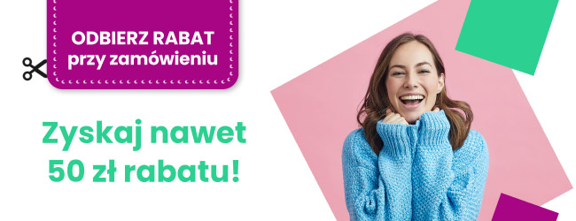 Tekst: Odbierz rabat przy zamówieniu na fioletowym tle z ikoną nożyczek oraz: Zyskaj nawet 50 zł rabatu! na białym tle. W tle znajdują się kolorowe, geometryczne kształty.