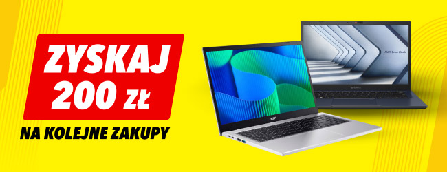 Napis: Zyskaj 200 zł na kolejne zakupy. Obok widoczne są dwa laptopy.